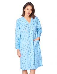 Casual Nights Women's Floral Snap Front Flannel Duster Long Sleeve Lounger Dress - Blue Floral