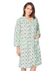 Casual Nights Women's Floral Snap Front Flannel Duster Long Sleeve Lounger Dress - Green Floral