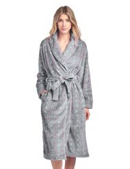 Casual Nights Women's Dot Long Sleeve Mini Popcorn Fleece Plush Robe - Grey