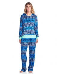 Ashford & Brooks Women's Mink Fleece Hoodie Pajama Set - Fair Isle Blue