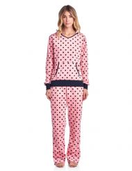 Ashford & Brooks Women's Mink Fleece Hoodie Pajama Set - Pink Black Dots