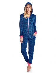 Ashford & Brooks Women's Sweater Fleece Zip Up Hooded Jumpsuit One Piece Pajama - Nordic Snowflake Navy
