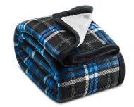 Ashford & Brooks Printed Plush Sherpa Lined Mink Fleece Throw Blanket - Black/Blue Plaid