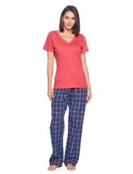 Ashford & Brooks Women's Woven Short Sleeve Jersey Top & Pajama Pants Set - Blue/Burgundy