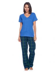 Ashford & Brooks Women's Woven Short Sleeve Jersey Top & Pajama Pants Set - Green Blackwatvh