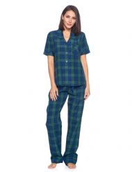 Ashford & Brooks Women's Woven Short Sleeve Shirt and Pajama Pants Set - Green Blackwatch