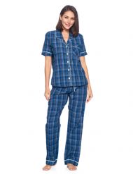 Ashford & Brooks Women's Woven Short Sleeve Shirt and Pajama Pants Set - Blue/Grey