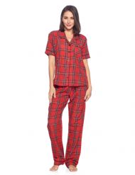 Ashford & Brooks Women's Woven Short Sleeve Shirt and Pajama Pants Set - Red/Black Stewart