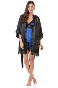 Ashford & Brooks Women's 3 Piece Satin Robe and Pajama Set - Black/Royal Blue
