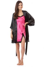 Ashford & Brooks Women's 2 Piece Satin Robe and Nightie Set - Black/Fuschia
