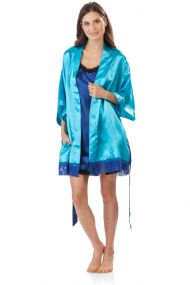 Ashford & Brooks Women's 2 Piece Satin Robe and Nightie Set - Aqua/Royal Blue
