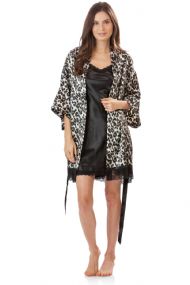 Ashford & Brooks Women's 2 Piece Satin Robe and Nightie Set - Leopard/Black