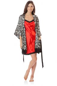 Ashford & Brooks Women's 2 Piece Satin Robe and Nightie Set - Leopard/Red