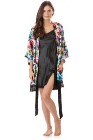 Ashford & Brooks Women's 2 Piece Satin Robe and Nightie Set - Floral/Black