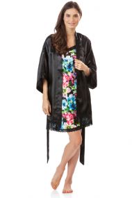 Ashford & Brooks Women's 2 Piece Satin Robe and Nightie Set - Black/Floral