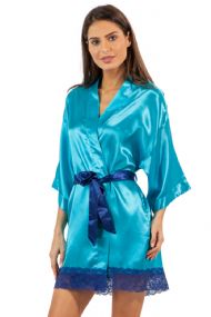 Ashford & Brooks Women's Satin Lace Short Kimono Robe - Aqua