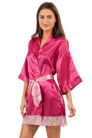 Ashford & Brooks Women's Satin Lace Short Kimono Robe - Fuschia
