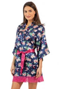 Ashford & Brooks Women's Satin Lace Short Kimono Robe - Hibiscus Nightingale