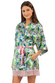 Ashford & Brooks Women's Satin Lace Short Kimono Robe - Tropical Parrot