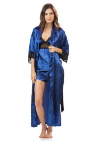 Ashford & Brooks Women's 3 Piece Satin Long Robe and Pajama Set - Royal Blue