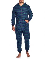 Ashford & Brooks Mens Flannel Hooded One Piece Pajama Union Jumpsuit - Green Blue Black