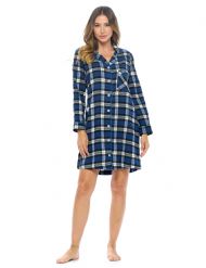 Ashford & Brooks Women's Flannel Plaid Sleep Shirt Button Down Nightgown - Black Navy Plaid