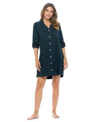 Ashford & Brooks Women's Flannel Plaid Sleep Shirt Button Down Nightgown - Navy Blackwatch Plaid