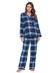 Ashford & Brooks Women's Flannel Plaid Pajamas Long Pj Set - Navy White Blue Plaid