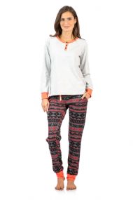 Ashford & Brooks Women's Cotton Henley with Sweater Fleece Pants Pajama Set - LH Grey Coral Charcoal