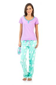 Ashford & Brooks Women's Cotton Top Eye mask & Coral Fleece Pants Pajama Set - Lavender Aqua