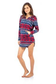 Ashford & Brooks Women's Sweater Fleece Zip Up Hooded Sleep Lounge Shirt  - Burgundy Navy
