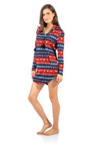 Ashford & Brooks Women's Sweater Fleece Zip Up Hooded Sleep Lounge Shirt  - Navy Red