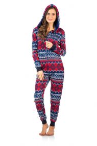 Ashford & Brooks Women's Sweater Fleece Zip Up Hooded Jumpsuit One Piece Pajama - Red Navy