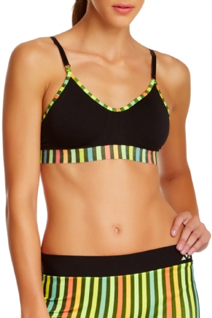 Balanced Tech Printed Performance Seamless Sports Bra - Black Stripe - Balanced Tech Printed Performance Seamless T Shirt Sports Bra is the perfect every day bra made from lightweight 92% Polyester /8% Spandex fabric that's super soft and comfortable and provides anti-odor and Breathability that moves moisture away from the body and QUICK DRY moisture control technology ensures wicking and fast drying, it features Contrast colors trim, 4 Way stretch, Seamless construction support, adjustable straps and removable molded cups so you can choose your level of support, this stretch-fit bra provides Enhanced Back Support and flattering low-impact support. Bust (IN) Small-30/31 Medium-32/34 Large-35/37 XLarge-38/40 