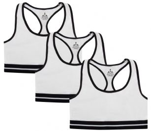 Balanced Tech Women's Cotton Racerback Sports Bra 3 Pack - White - This Women's Cotton Bra from Balanced Tech is made from 53% Cotton/42% Polyester/5% Elastane fabric that's super soft and comfortable. Sport bralette features: Sporty jacquard elastic band, logo design in the back, four-way stretch construction that improves mobility, wire free design and racer-back detail gives you great shape and more comfort. It'll keeps you cool and comfortable throughout your workout, This economical 3-pack is a smart investment for any woman's active attire collection!About the Brand - Balanced Tech Designed in USA, is an activewear brand that infuses technology, Driven by the latest trends with style and comfort for everyday goals and challenges. Whether you are working up a serious sweat or hanging out on a Sunday, you can always look and feel great with Balanced Tech!