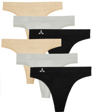 Balanced Tech Women's Seamless Thong Panties 6-Pack - Black/Nude/Gray - This 6 Pack seamless Thongs From Balanced Tech is made from lightweight 92% Nylon/8% Elastane fabric that's super soft and comfortable and provides anti-odor and Breath-ability that moves moisture away from the body and QUICK DRY moisture control technology ensures fast drying, Four-Way Stretch conforms to the body for excellent support, plus the Seamless-style underwear to ensure Comfort While minimizing visible panty lines. Now Reinforced for longer lasting Comfort and durability. This economical 6-pack is a smart investment for any woman's active attire collection.About the Brand - "Balanced Tech" is an active-wear brand that infuses technology, Driven by the latest trends with style and comfort for everyday goals and challenges. Whether you are working up a serious sweat or hanging out on a Sunday, you can always look and feel great with Balanced Tech!