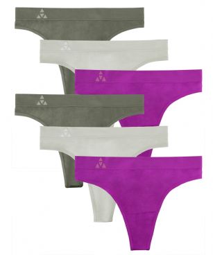 Balanced Tech Women's Seamless Thong Panties 6-Pack - Grey/Charcoal/Purple Cactus - This 3 Pack seamless Thongs From Balanced Tech is made from lightweight 92% Nylon/8% Elastane fabric that's super soft and comfortable and provides anti-odor and Breath-ability that moves moisture away from the body and QUICK DRY moisture control technology ensures fast drying, Four-Way Stretch conforms to the body for excellent support, plus the Seamless-style underwear to ensure Comfort While minimizing visible panty lines. Now Reinforced for longer lasting Comfort and durability. This economical 3-pack is a smart investment for any woman's active attire collection.About the Brand - "Balanced Tech" is an active-wear brand that infuses technology, Driven by the latest trends with style and comfort for everyday goals and challenges. Whether you are working up a serious sweat or hanging out on a Sunday, you can always look and feel great with Balanced Tech!