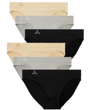 Balanced Tech Women's 6 Pack Seamless Low-Rise Bikini Panties - Black/Nude/Gray - This 6 Pack seamless Low Rise Bikinis From Balanced Tech is made from lightweight 92% Nylon/8% Elastane fabric that's super soft and comfortable and provides anti-odor and Breath-ability that moves moisture away from the body and QUICK DRY moisture control technology ensures fast drying, Four-Way Stretch conforms to the body for excellent support, plus the Seamless-style underwear to ensure Comfort While minimizing visible panty lines, Athletic cut panty underwear has full front coverage and moderate full seat coverage. This economical 6-pack is a smart investment for any woman's active attire collection.About the Brand - "Balanced Tech" is an active-wear brand that infuses technology, Driven by the latest trends with style and comfort for everyday goals and challenges. Whether you are working up a serious sweat or hanging out on a Sunday, you can always look and feel great with Balanced Tech!