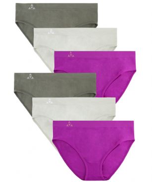Balanced Tech Women's Seamless Bikini Panties 6-Pack - Grey/Charcoal/Purple Cactus - This 6 Pack seamless Bikinis From Balanced Tech is made from lightweight 92% Nylon/8% Elastane fabric that's super soft and comfortable and provides anti-odor and Breath-ability that moves moisture away from the body and QUICK DRY moisture control technology ensures fast drying, Four-Way Stretch conforms to the body for excellent support, plus the Seamless-style underwear to ensure Comfort While minimizing visible panty lines, Athletic cut panty underwear has full front coverage and moderate full seat coverage. This economical 6-pack is a smart investment for any woman's active attire collection.About the Brand - "Balanced Tech" is an active-wear brand that infuses technology, Driven by the latest trends with style and comfort for everyday goals and challenges. Whether you are working up a serious sweat or hanging out on a Sunday, you can always look and feel great with Balanced Tech!
