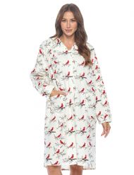 Casual Nights Women's Floral Snap Front Flannel Duster Long Sleeve Lounger Dress - White Snow Bird