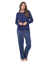 Casual Nights Women's Jersey Knit Long-Sleeve Top and Soft Flannel Bottom Pajama Set - Blue Green Plaid