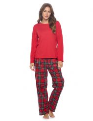 Casual Nights Women's Jersey Knit Long-Sleeve Top and Soft Flannel Bottom Pajama Set - Red Stewart Plaid