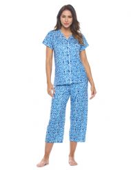 Casual Nights Women's Rayon Printed Short Sleeve Capri Pajama Set - Blue
