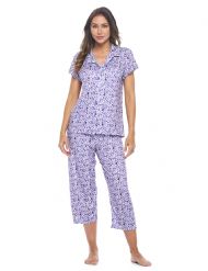 Casual Nights Women's Rayon Printed Short Sleeve Capri Pajama Set - Purple