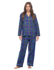 Casual Nights Women's Flannel Long Sleeve Button Down Pajama Set - Blue Green Plaid