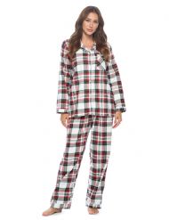 Casual Nights Women's Flannel Long Sleeve Button Down Pajama Set - White Stewart Plaid