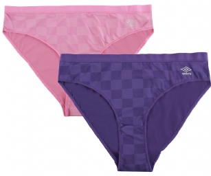 Umbro Women's Performance Low-Rise Bikini 2 Pack - Crazy Pink/Purple - The classic 2 Pack checked print Performance Bikinis From Umbro is made from lightweight 90% Nylon/ 10% Elastane fabric that's super soft and comfortable and provides breathable QUICK DRY moisture control technology that moves moisture away from the body and ensures fast drying, Four-Way Stretch conforms to the body for excellent support, low-rise and tag-less construction for more comfort while minimizing irritation. This economical 2-pack is a smart investment for any woman's active attire collection.