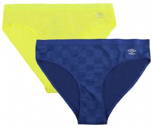 Umbro Women's Performance Low-Rise Bikini 2 Pack - Safety Yellow/Fry Blue - The classic 2 Pack checked print Performance Bikinis From Umbro is made from lightweight 90% Nylon/ 10% Elastane fabric that's super soft and comfortable and provides breathable QUICK DRY moisture control technology that moves moisture away from the body and ensures fast drying, Four-Way Stretch conforms to the body for excellent support, low-rise and tag-less construction for more comfort while minimizing irritation. This economical 2-pack is a smart investment for any woman's active attire collection.