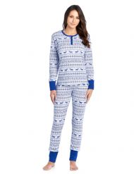 Ashford & Brooks Women's Printed Thermal Waffle Knit PJ Set - Blue Reindeer Fair Isle