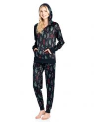 Ashford & Brooks Women's Mink Fleece Hoodie Pajama Set - Black Tuquoise Feather